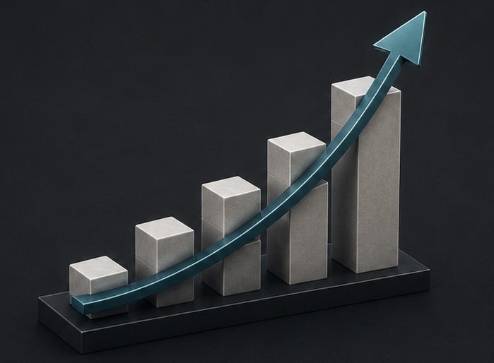 Ascending sculptural bar chart with a teal growth arrow