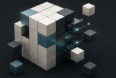 Modular blocks assembling into a connected structure, representing commercial infrastructure
